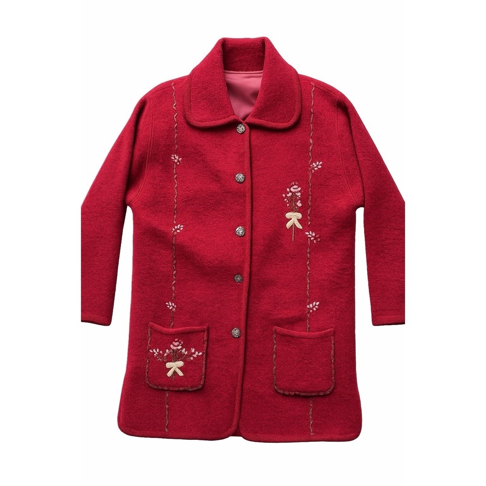 VTG Red Wool Blend Embroidered Cardigan Jacket Cozy Bouclé Knit Button Front M/L